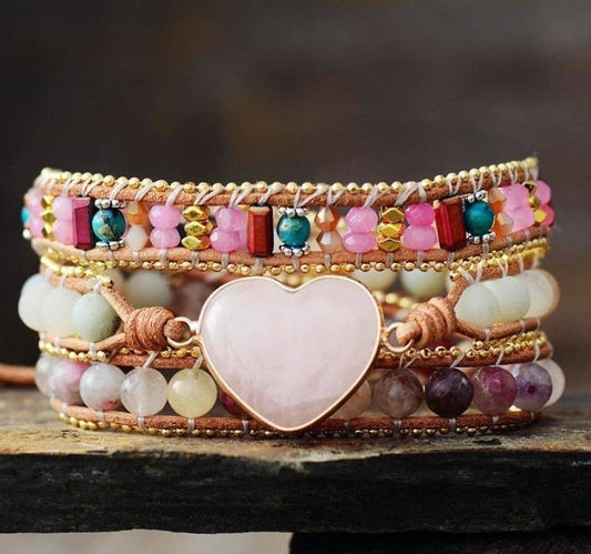 Rose Quartz Heart & Amazonite Wrap bracelet with multi-strand pink mint and gold gemstone beads and a pale rose quartz heart for bohemian jewellery from New & Returning