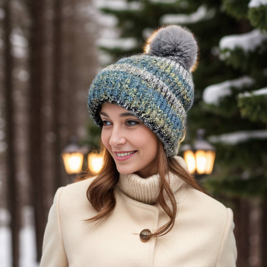 Multi Layer Pompom Hat - Ocean Waves