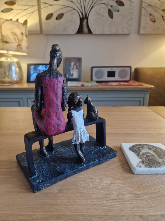 Mother & Daughter with Cat Sculpture H23cm