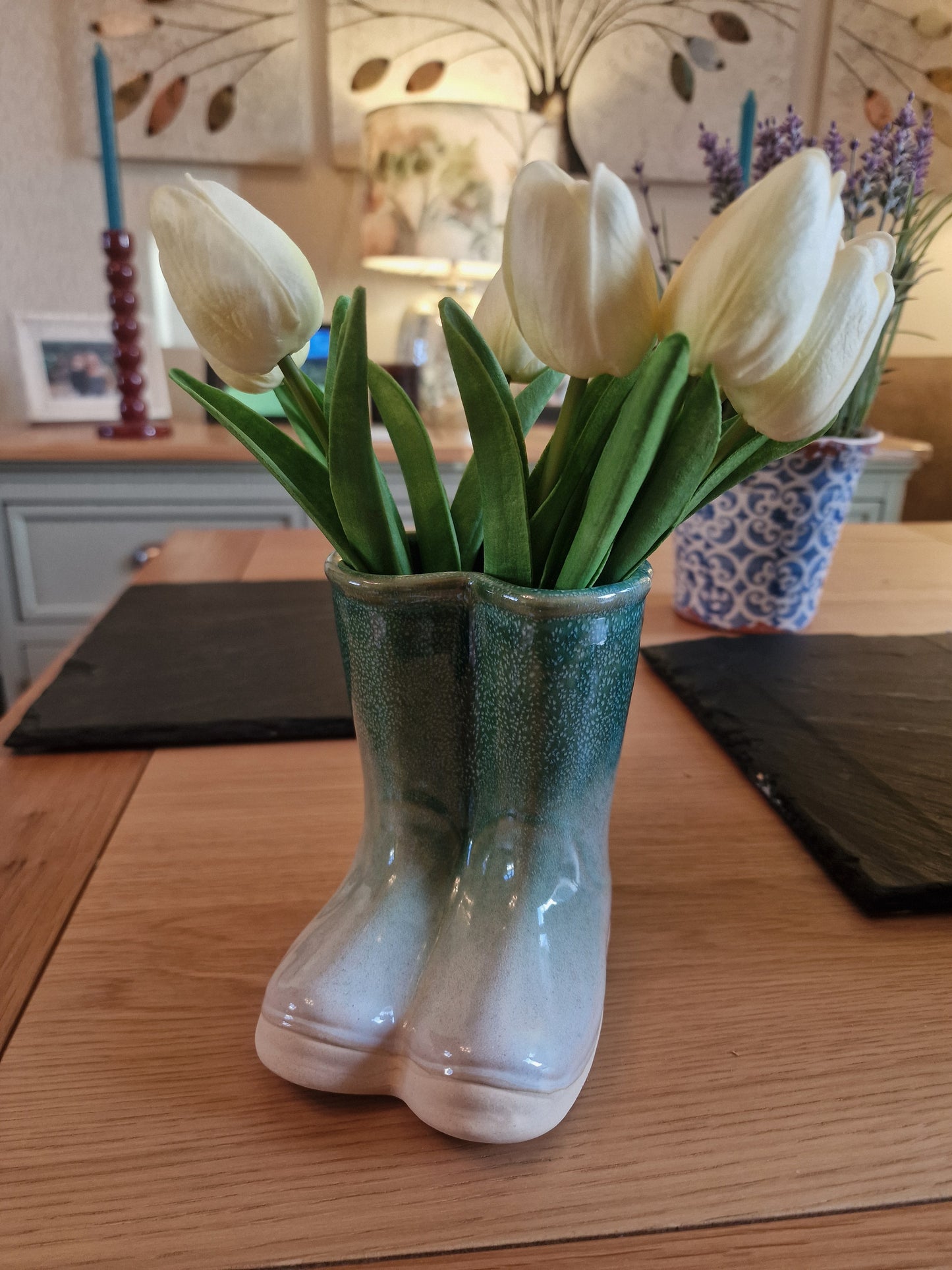 Ceramic Green and White Wellies- A classic ornament H13cm