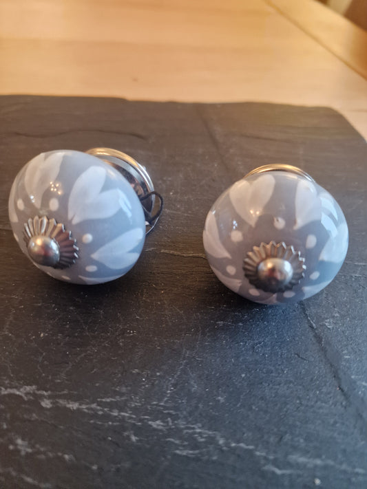 Ceramic Drawer Knobs | Grey-Blue with White Hearts & Silver Centre | Sold in Pairs
