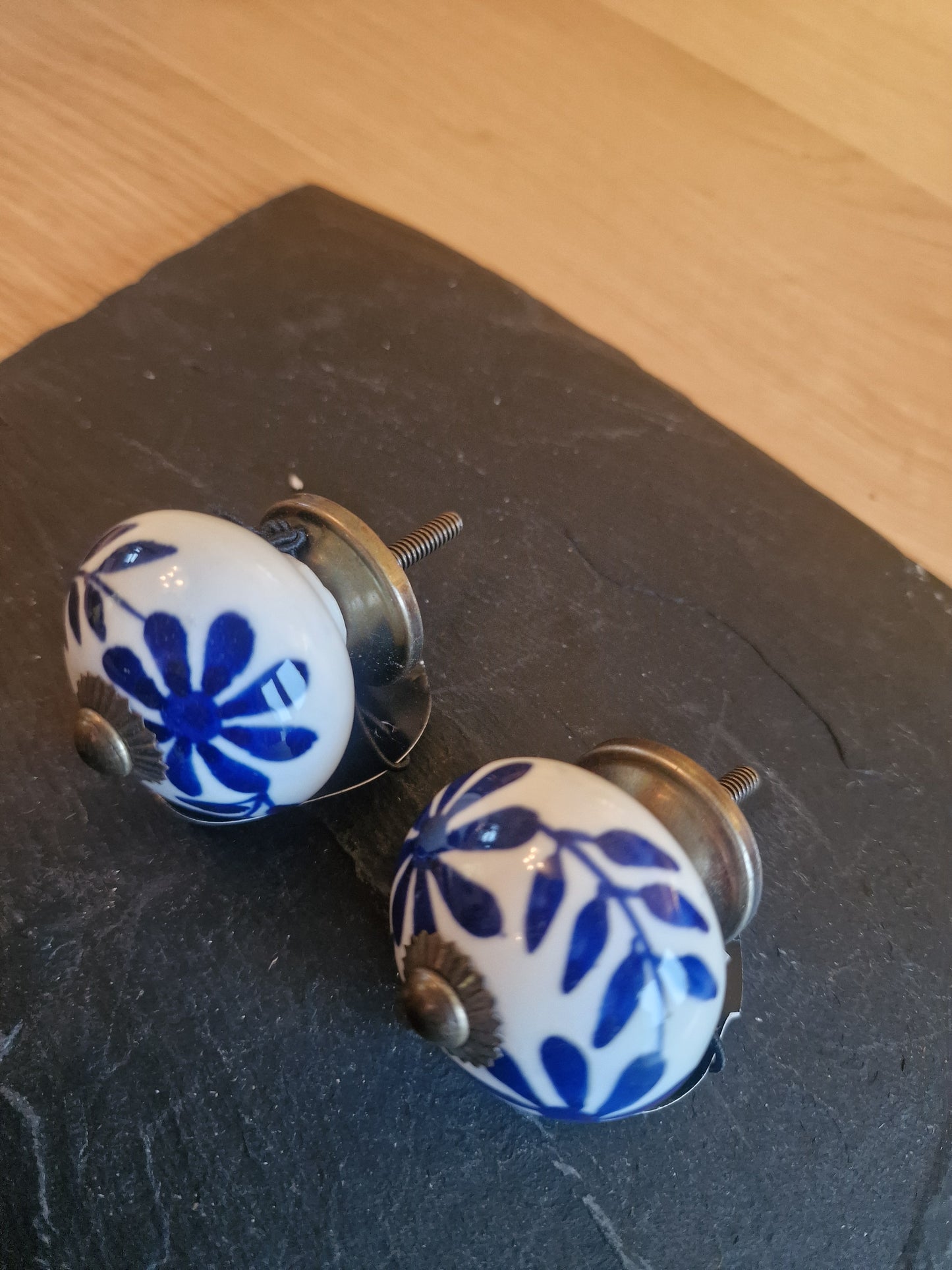 Ceramic Drawer Knobs | Blue Leaf & Silver Centre | Sold in Pairs