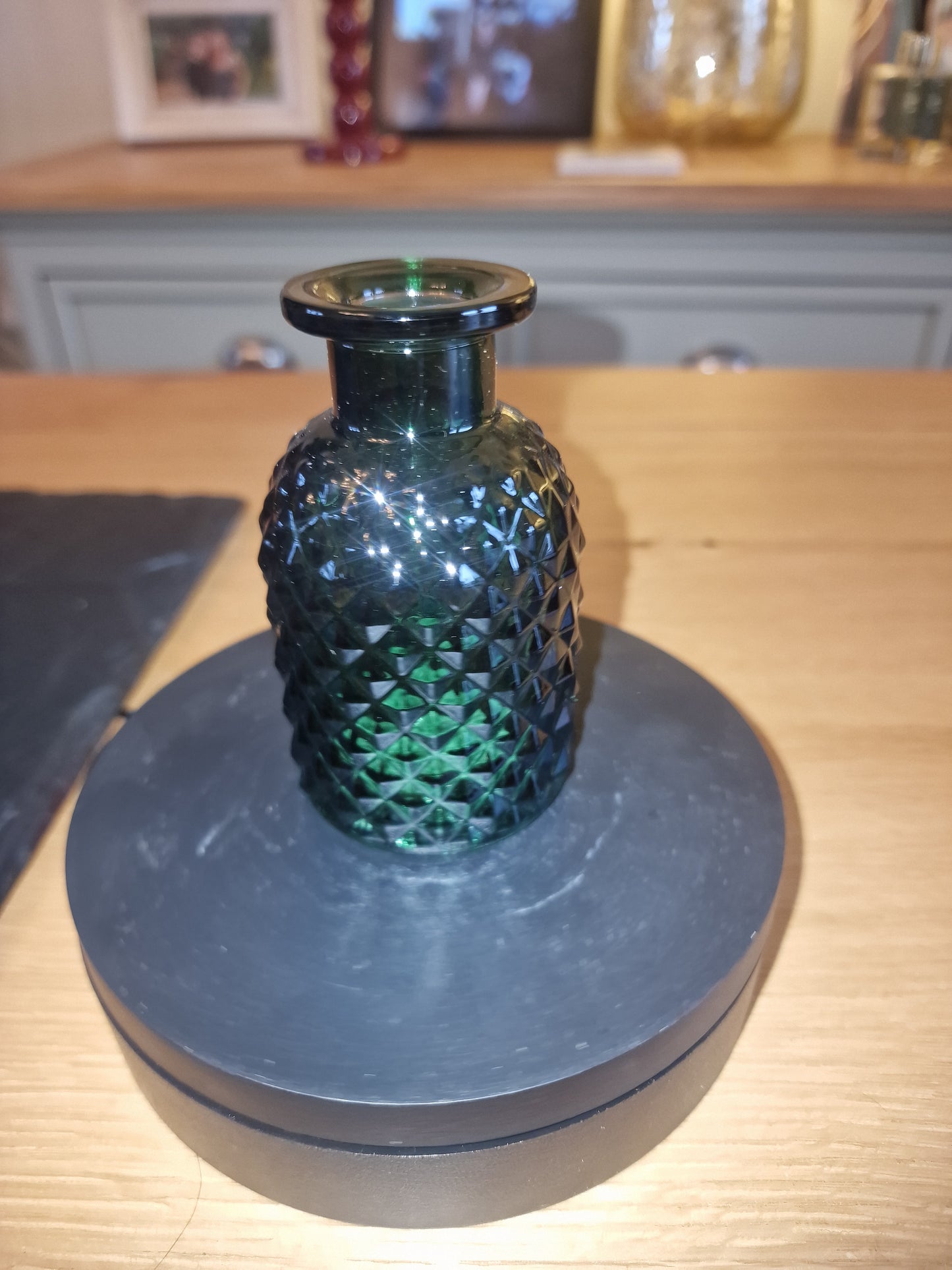 Green Glass, Patterned Flower Vase Or Diffuser Bottle, 9.2cm
