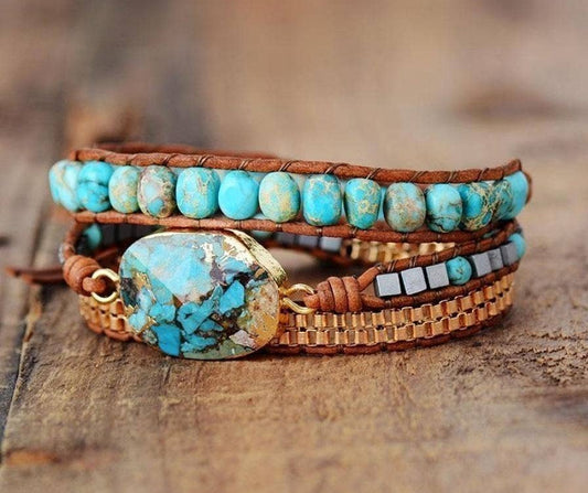 Handmade Turquoise Howlite Wrap Bracelet with three strands of aqua blue beads on tan leather and a large rustic turquoise stone centrepiece from New & Returning