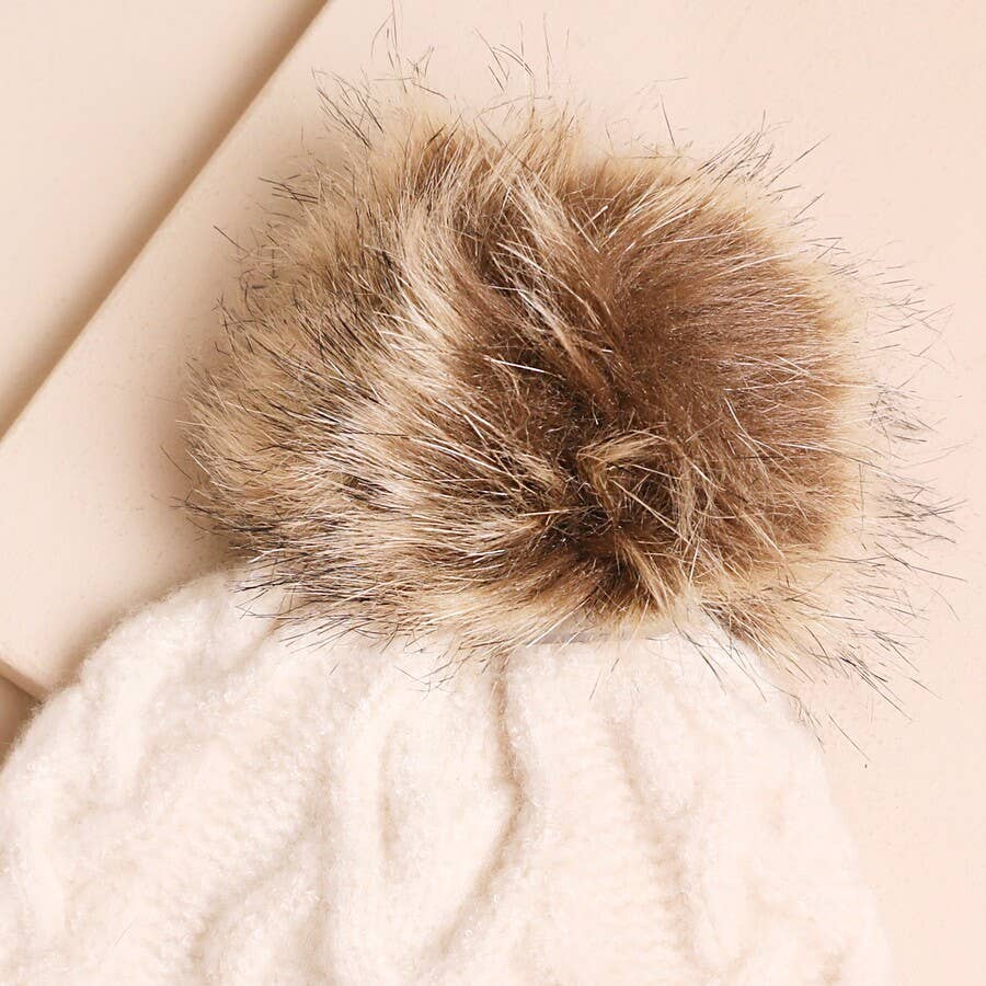 Cream Cable Knit Bobble Hat with Faux Fur Pom Pom