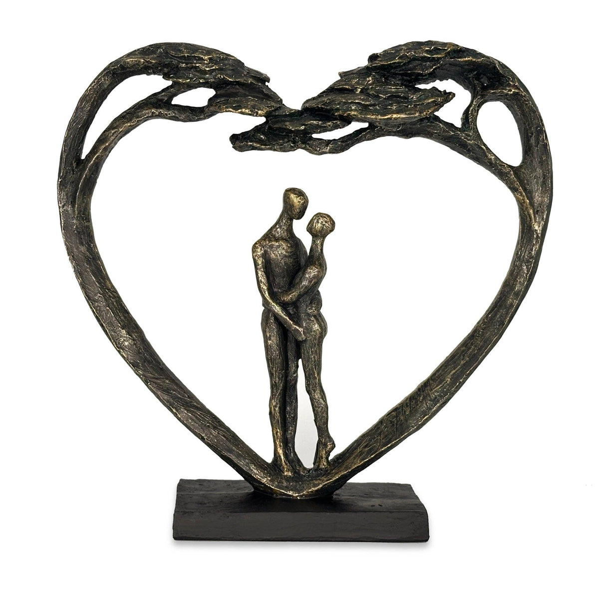 Standing Couple In Heart Tree black and gold poly resin sculpture showing a couple within a heart-shaped tree on a rectangular base for romantic home décor