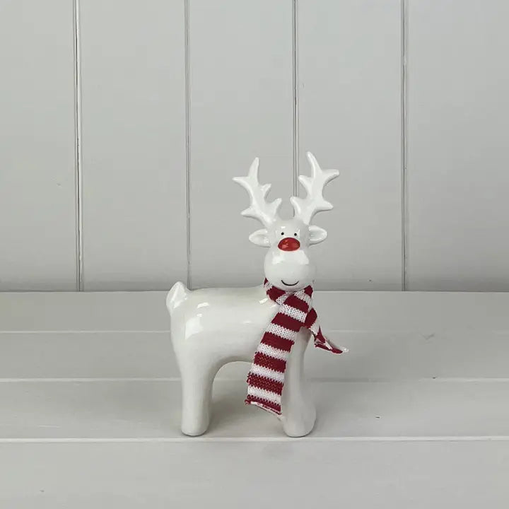 White Ceramic Reindeer Ornament with Knitted Scarf