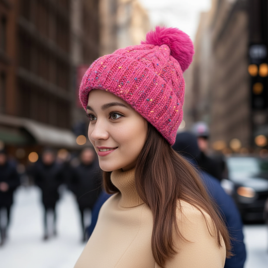 Neon Pink Confetti Bobble Hat with Faux Fur Pom Pom