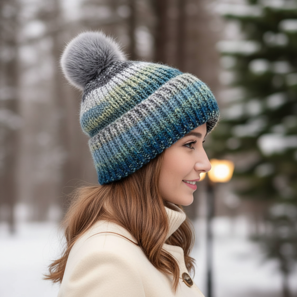 Multi Layer Pompom Hat - Ocean Waves