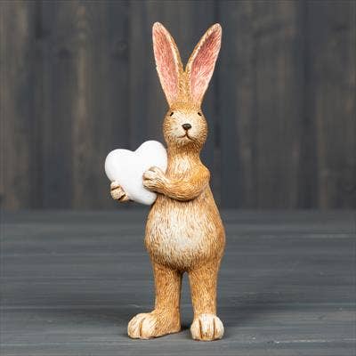 Natural Standing Rabbit Ornament Holding White Heart H14cm