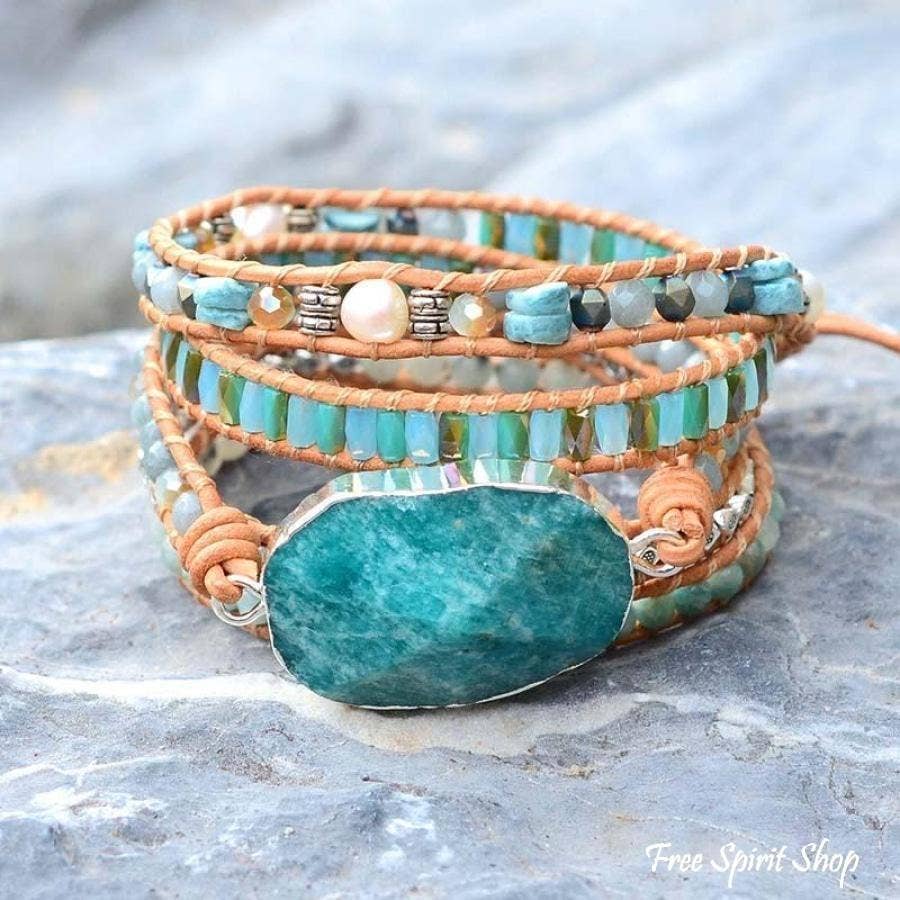 Natural Calming Amazonite Bead Wrap Bracelet, Boho Jewellery