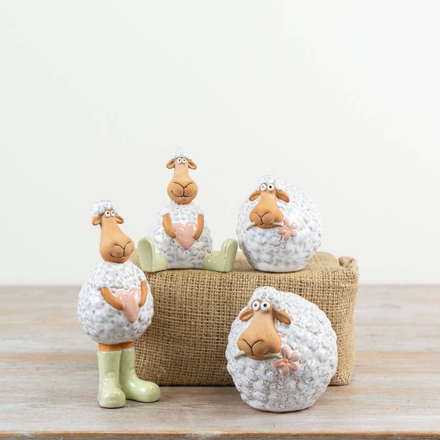White Sheep Ornament with Flower, 8.3cm