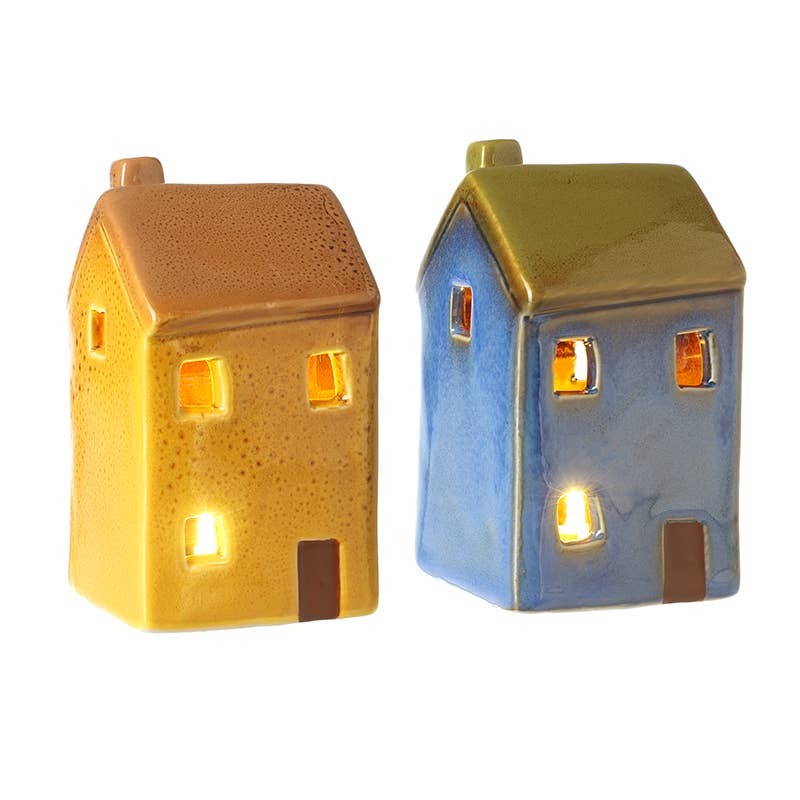 Two LED Cottages in Blue and Yellow H13.3cm