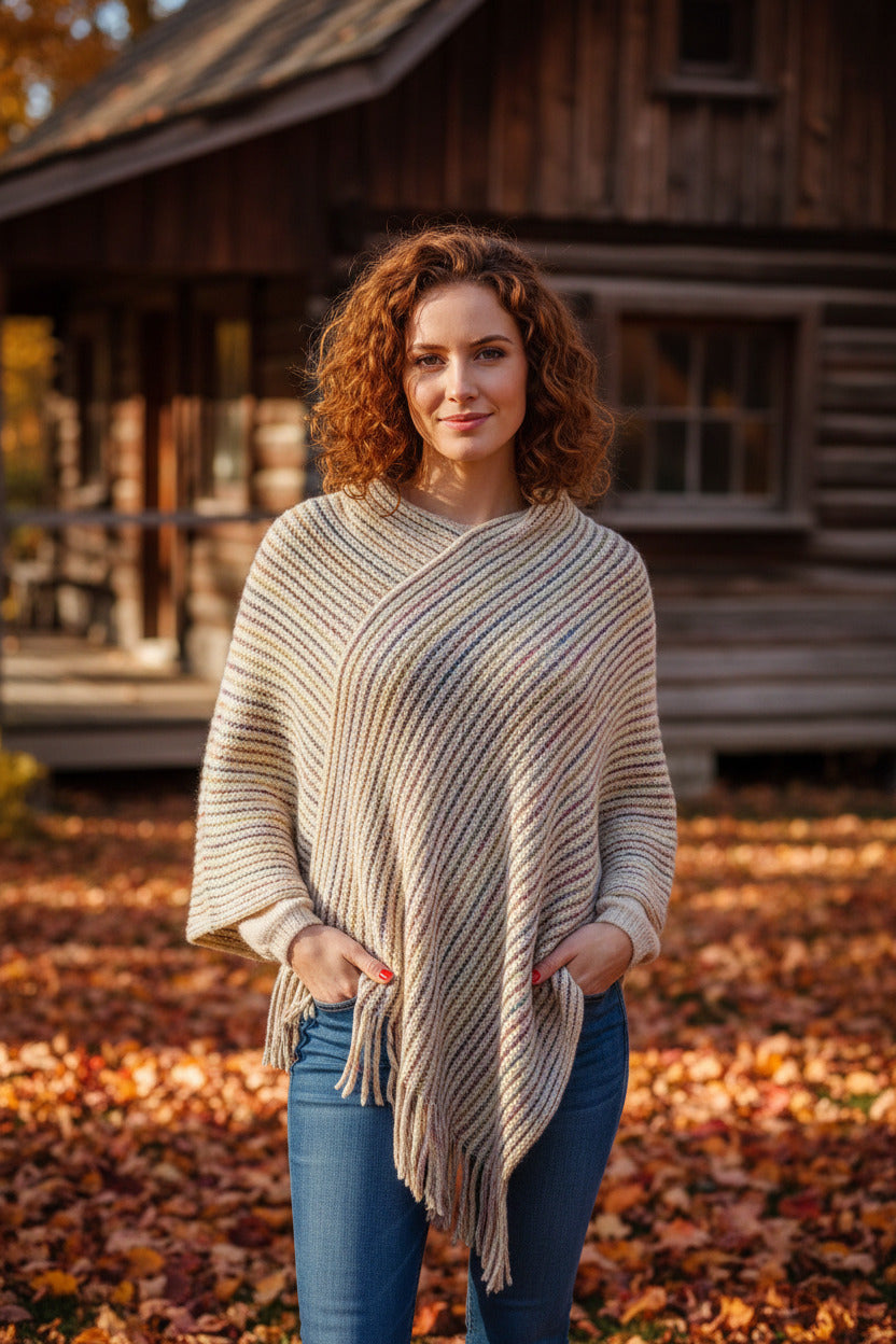 Boho Cream Knitted Poncho | Soft Stripe Design