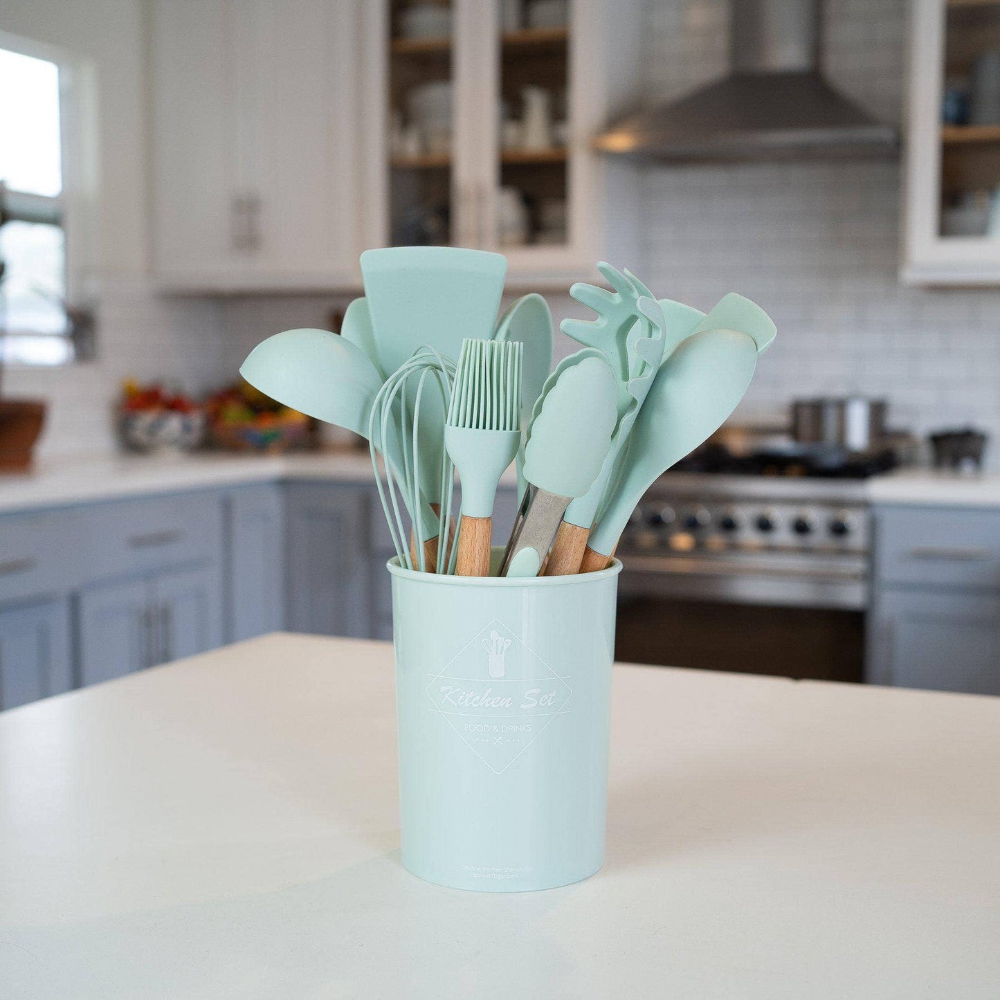 12-Piece Silicone Kitchen Utensils Set with Storage Bucket