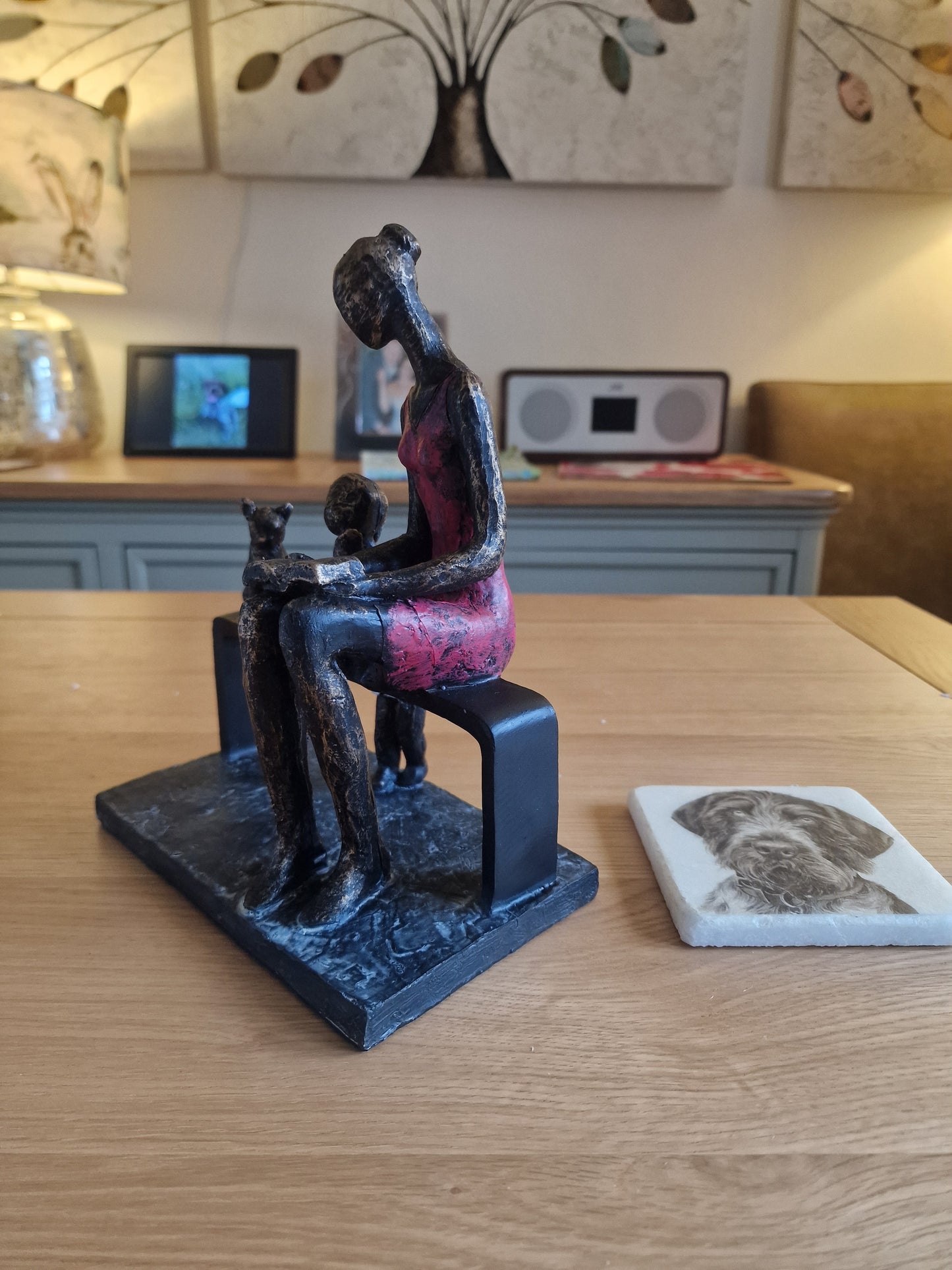 Mother & Daughter with Cat Sculpture H23cm