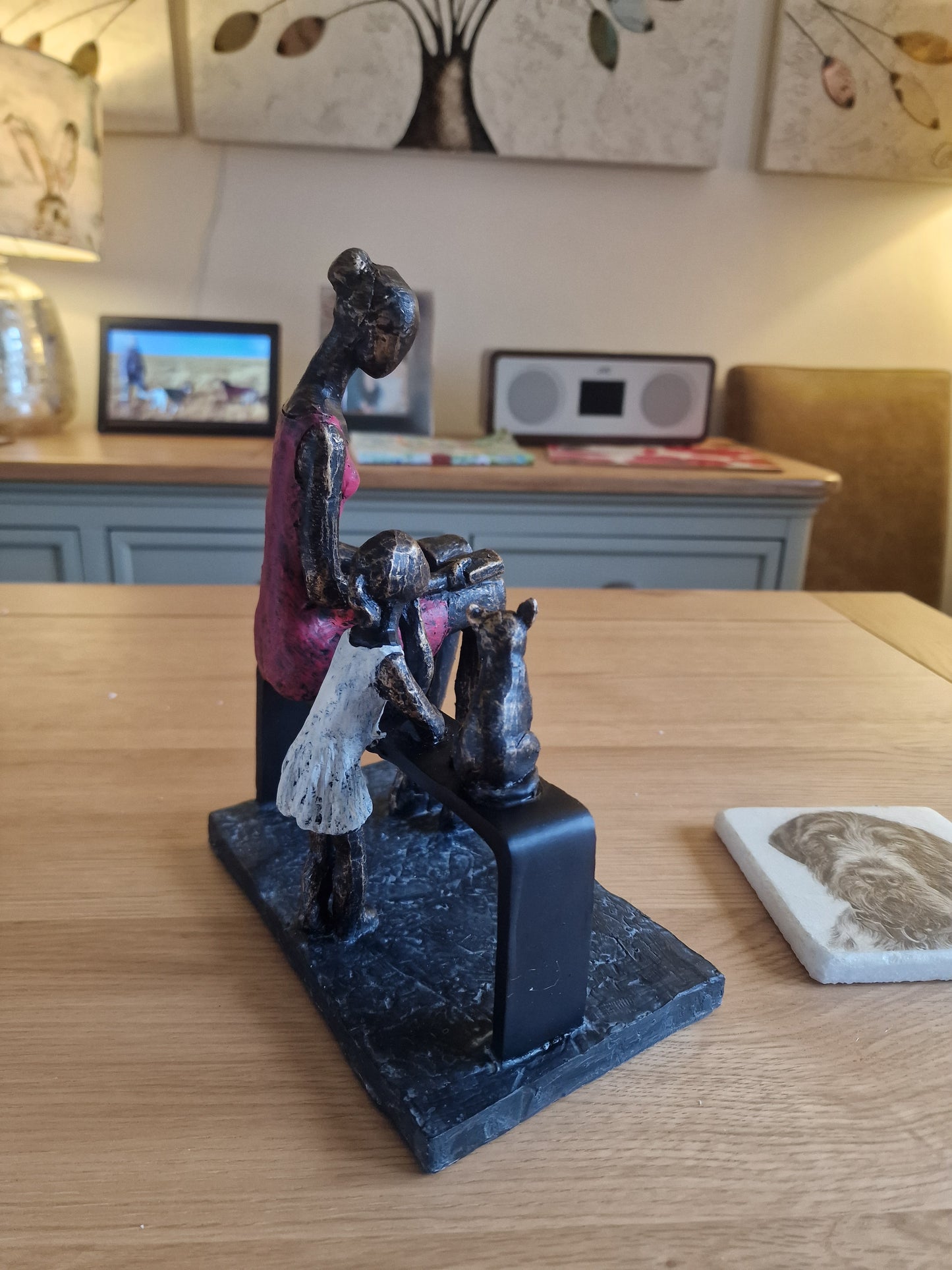 Mother & Daughter with Cat Sculpture H23cm