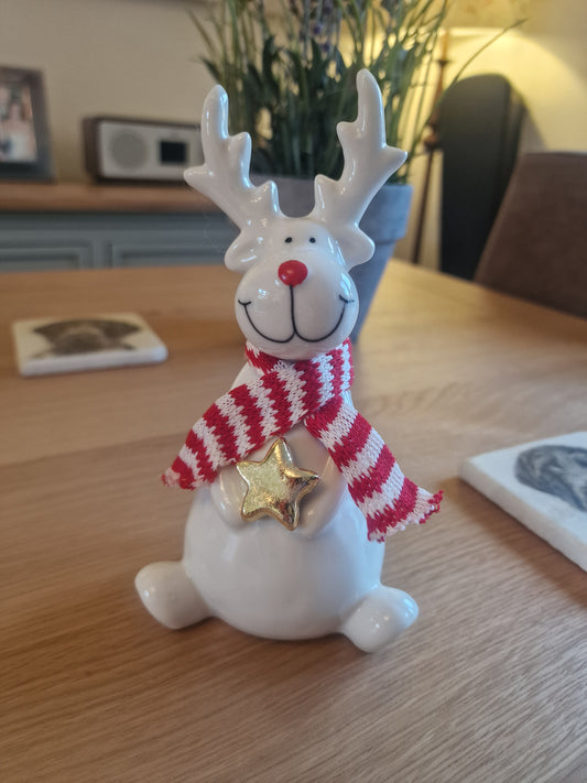 White Ceramic Reindeer Ornament with Knitted Scarf