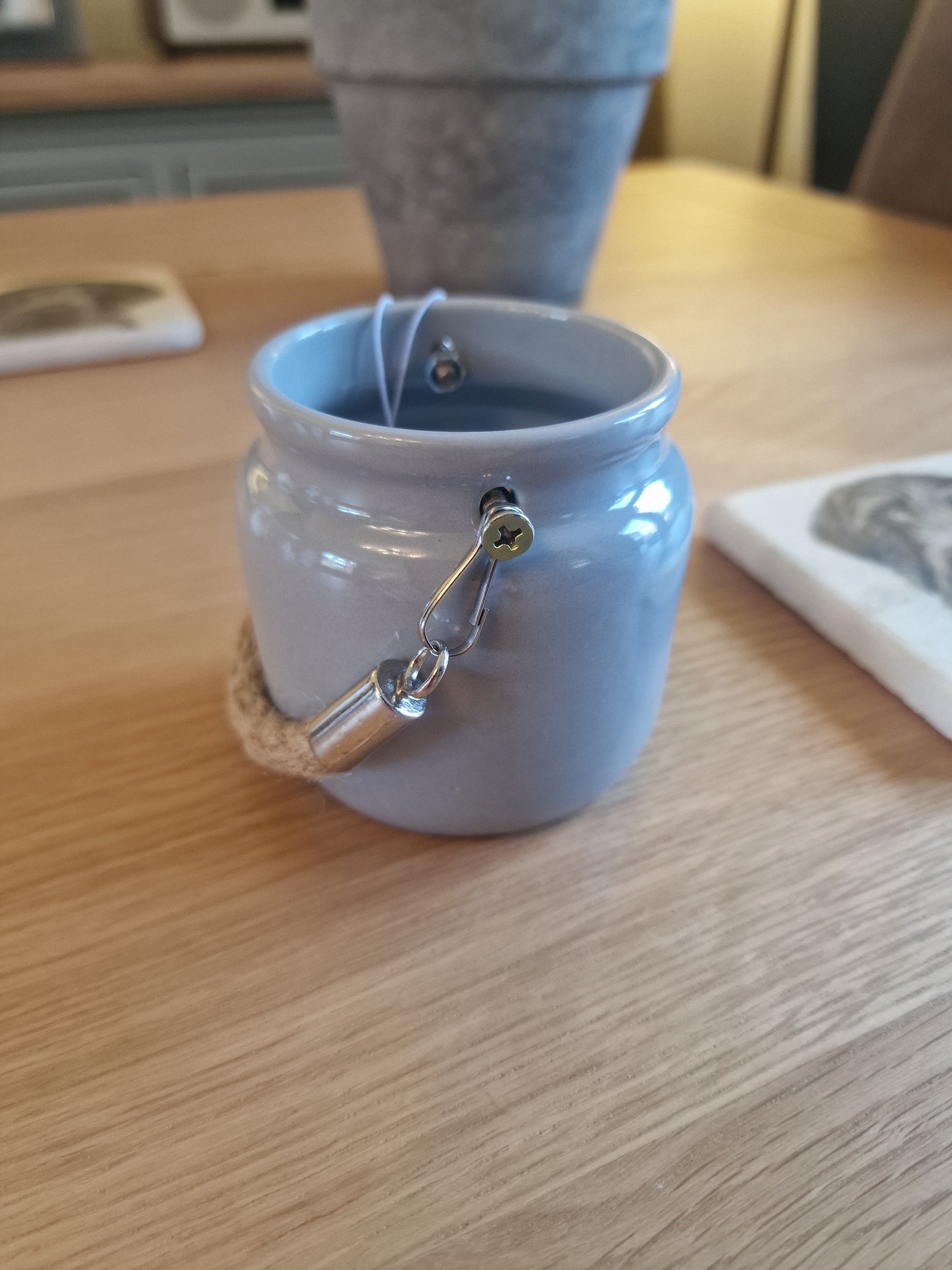 Grey Porcelain Heart Tealight Holder with Rope Handle H7cm