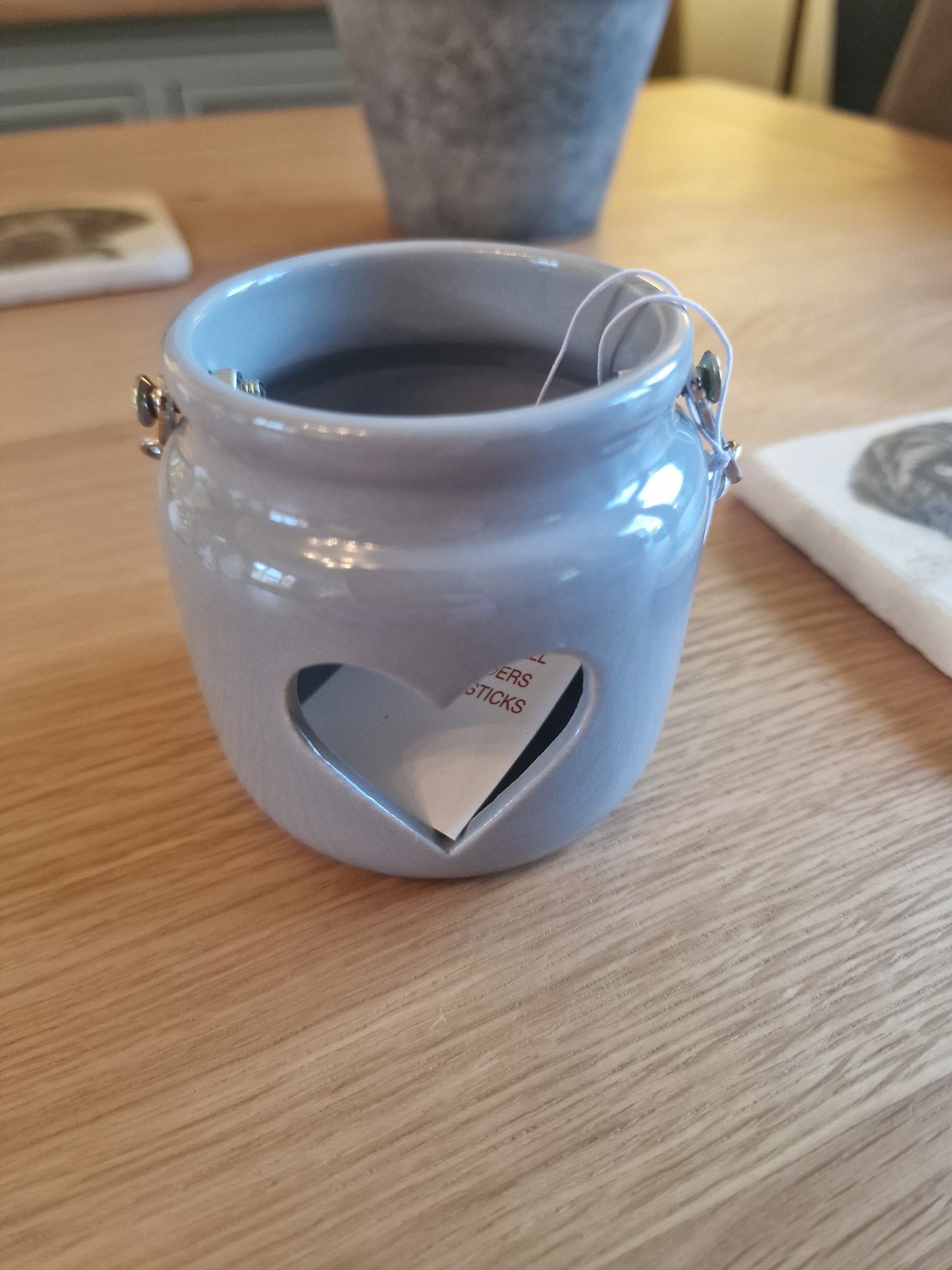 Grey Porcelain Heart Tealight Holder with Rope Handle H7cm