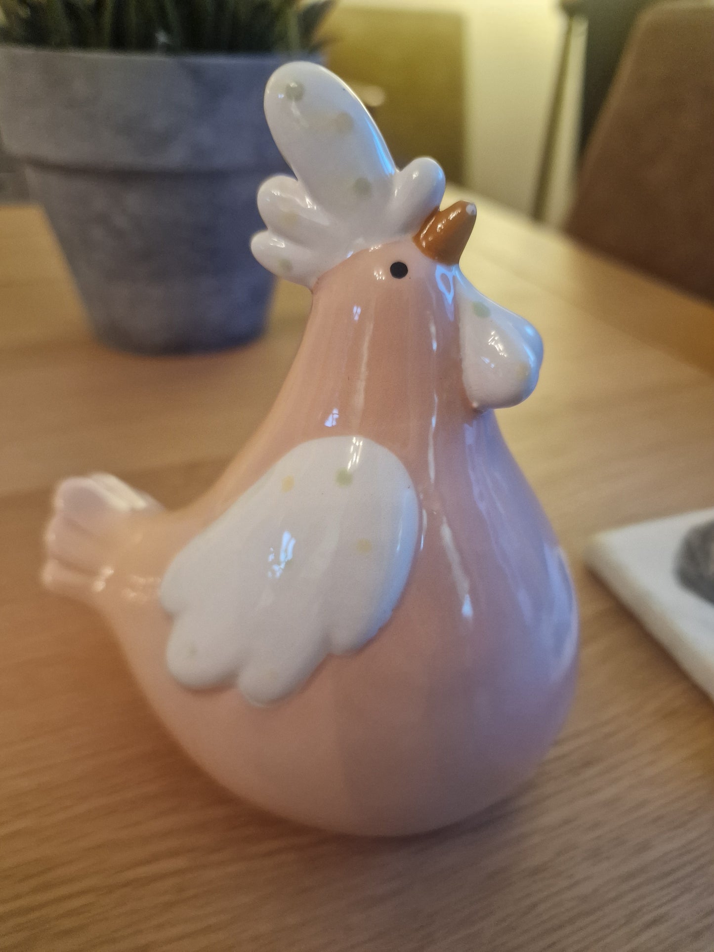 Decorative Pink and White Chicken made of Ceramic. H13.8