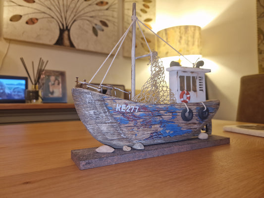 Fishing Trawler on Plinth, blue, 25cm