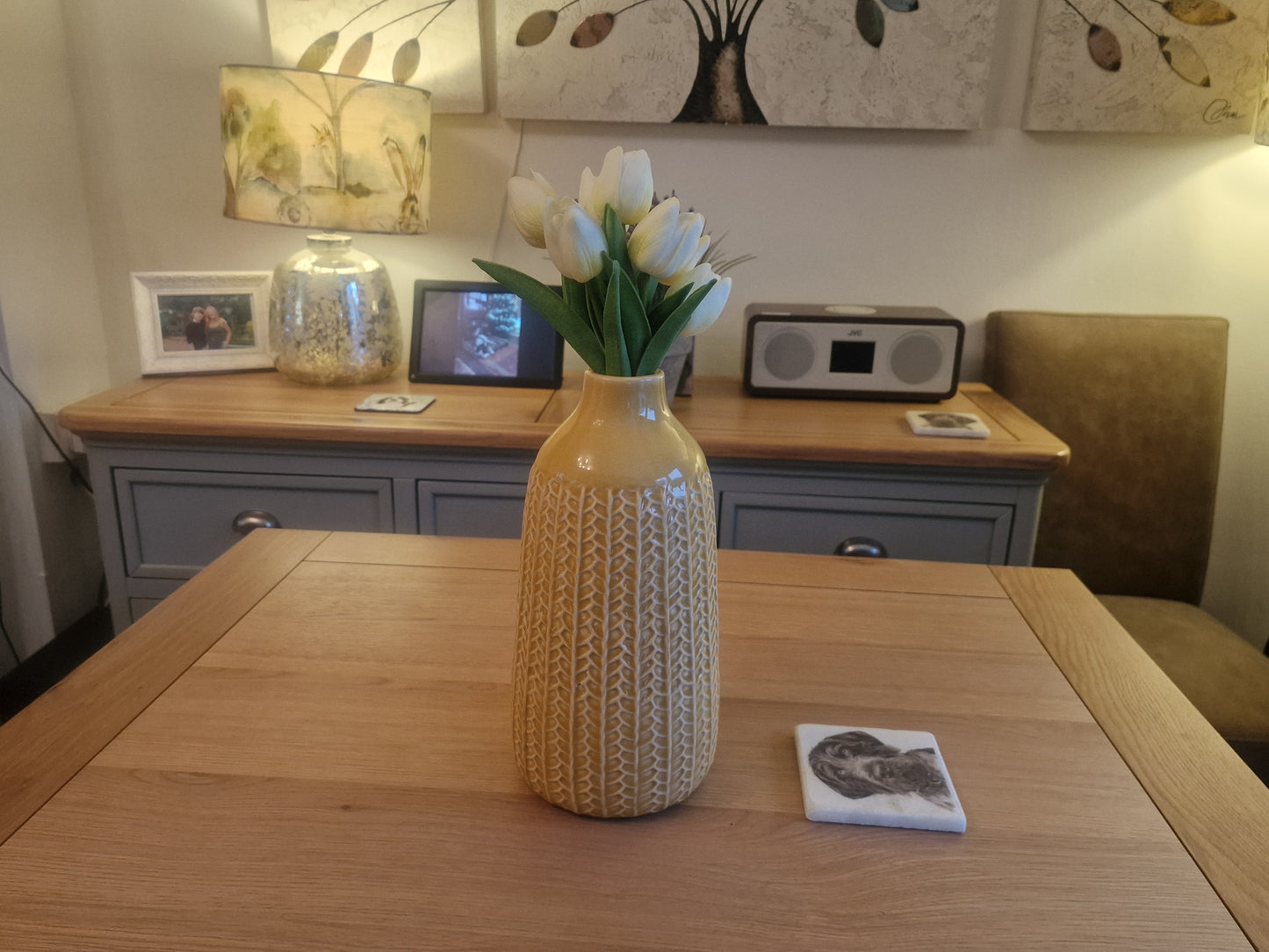 Beautiful Ribbed Yellow Ceramic Vase H28.5cm.