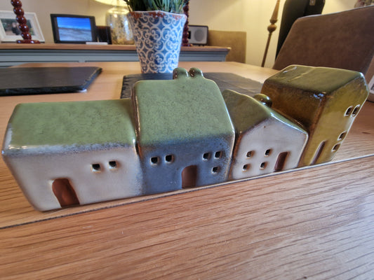 Row of Four LED Light-up Ceramic Cottages- Quirky and collectable H7cm