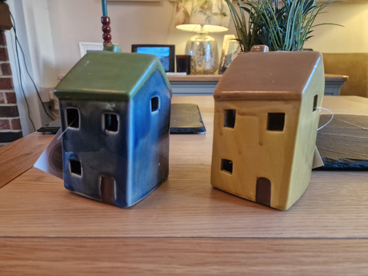 Two, LED Cottages In Blue and Yellow -Quirky and collectable. H13.3 cm