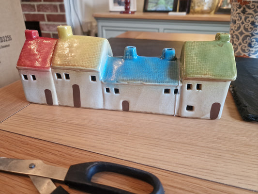 Row of Four Ceramic LED cottages - Quirky and collectable H10.2 cm