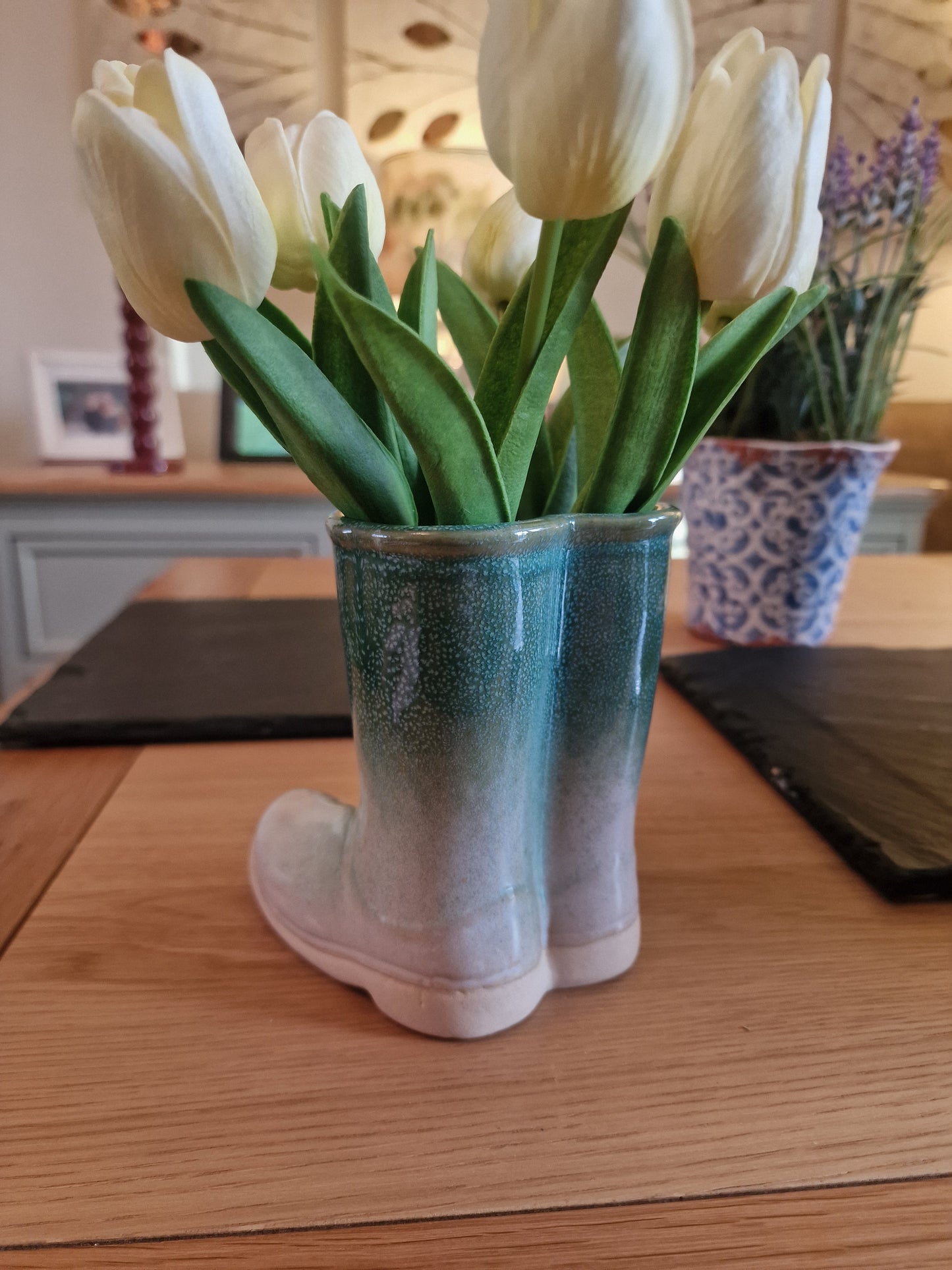 Ceramic Green and White Wellies- A classic ornament H13cm