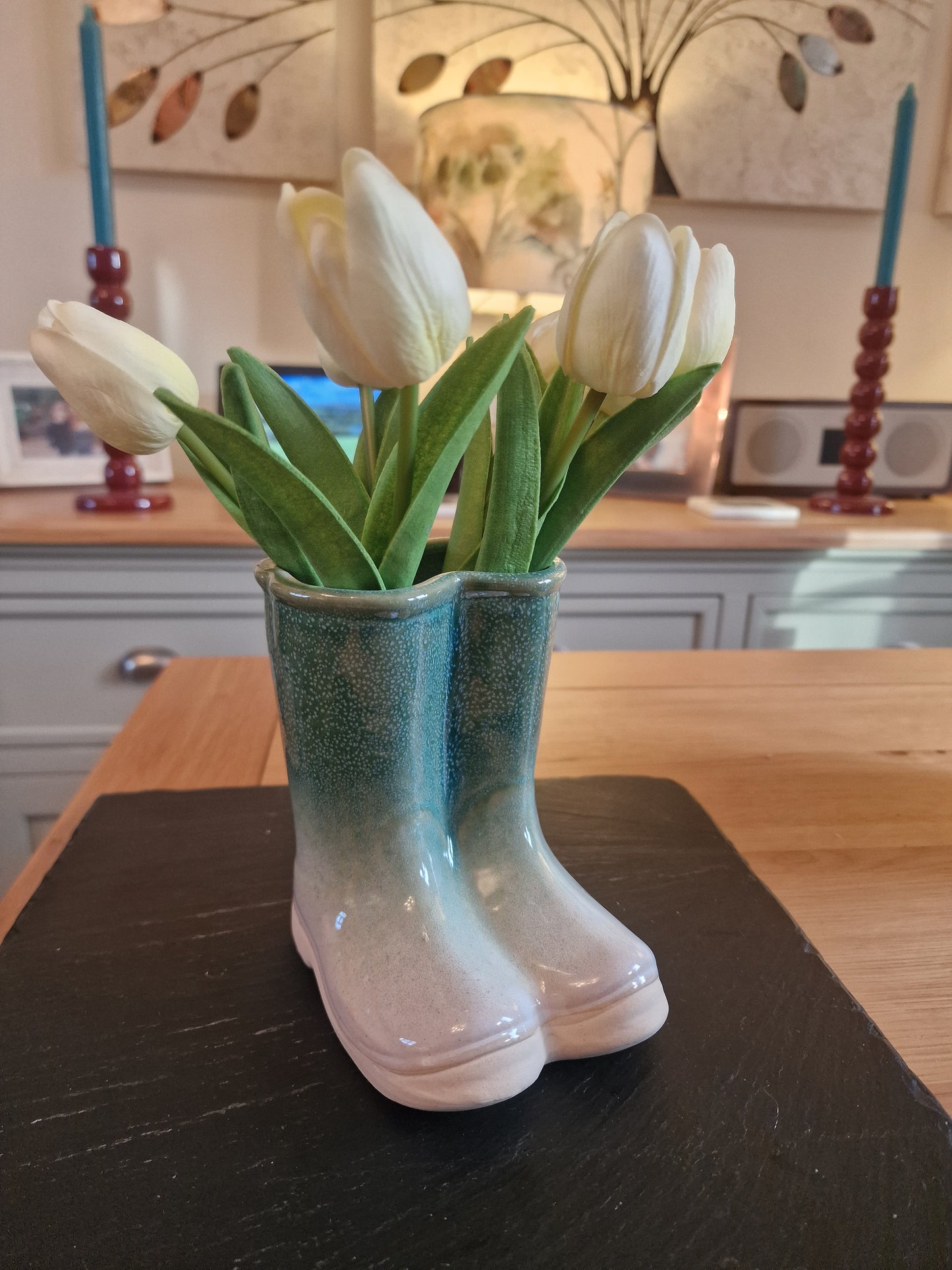 Ceramic Green and White Wellies- A classic ornament H13cm