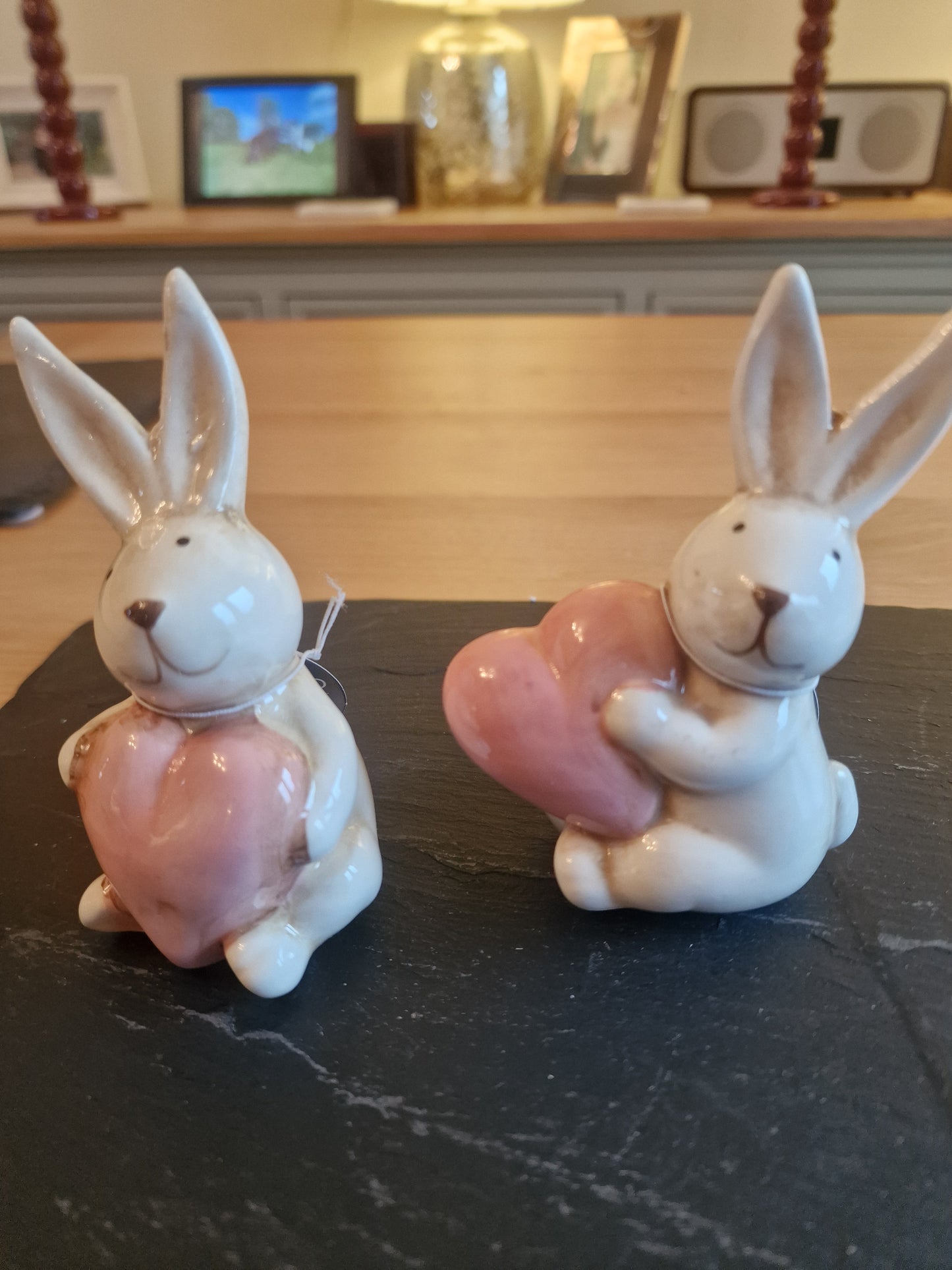 Two Valentine Rabbits with Hearts, 10cm - Ceramic