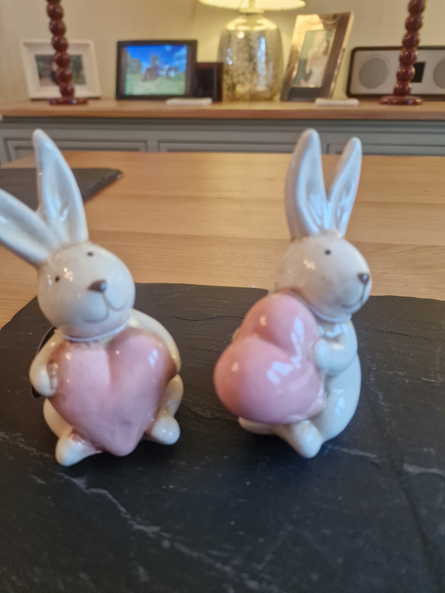 Two Valentine Rabbits with Hearts, 10cm - Ceramic