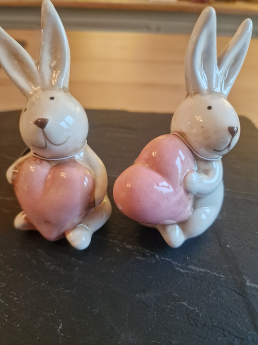 Two Assorted Rabbits with Hearts, 10cm -Cute! & Good quality.