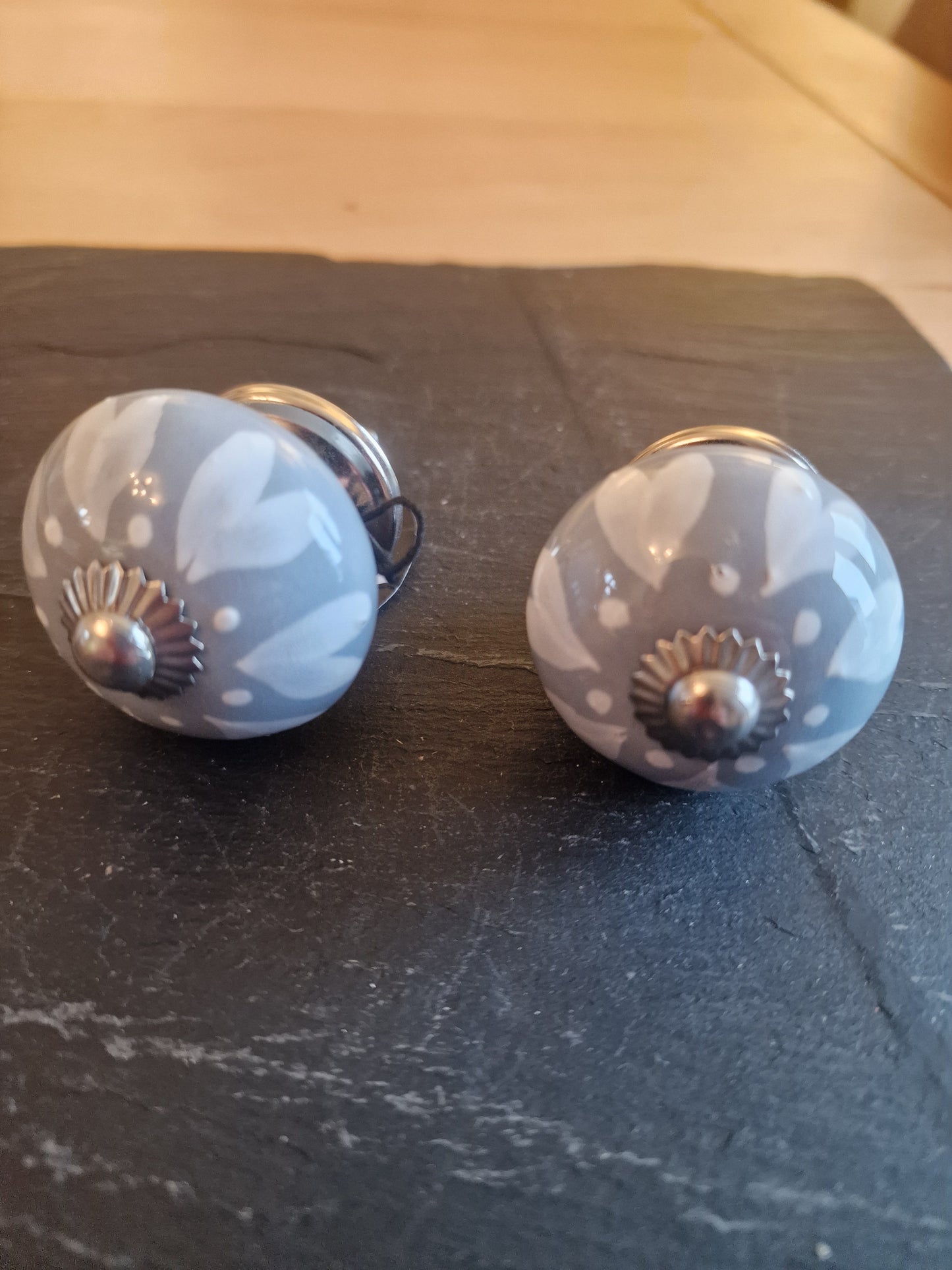 Ceramic Drawer Knobs | Grey-Blue with White Hearts & Silver Centre | Sold in Pairs