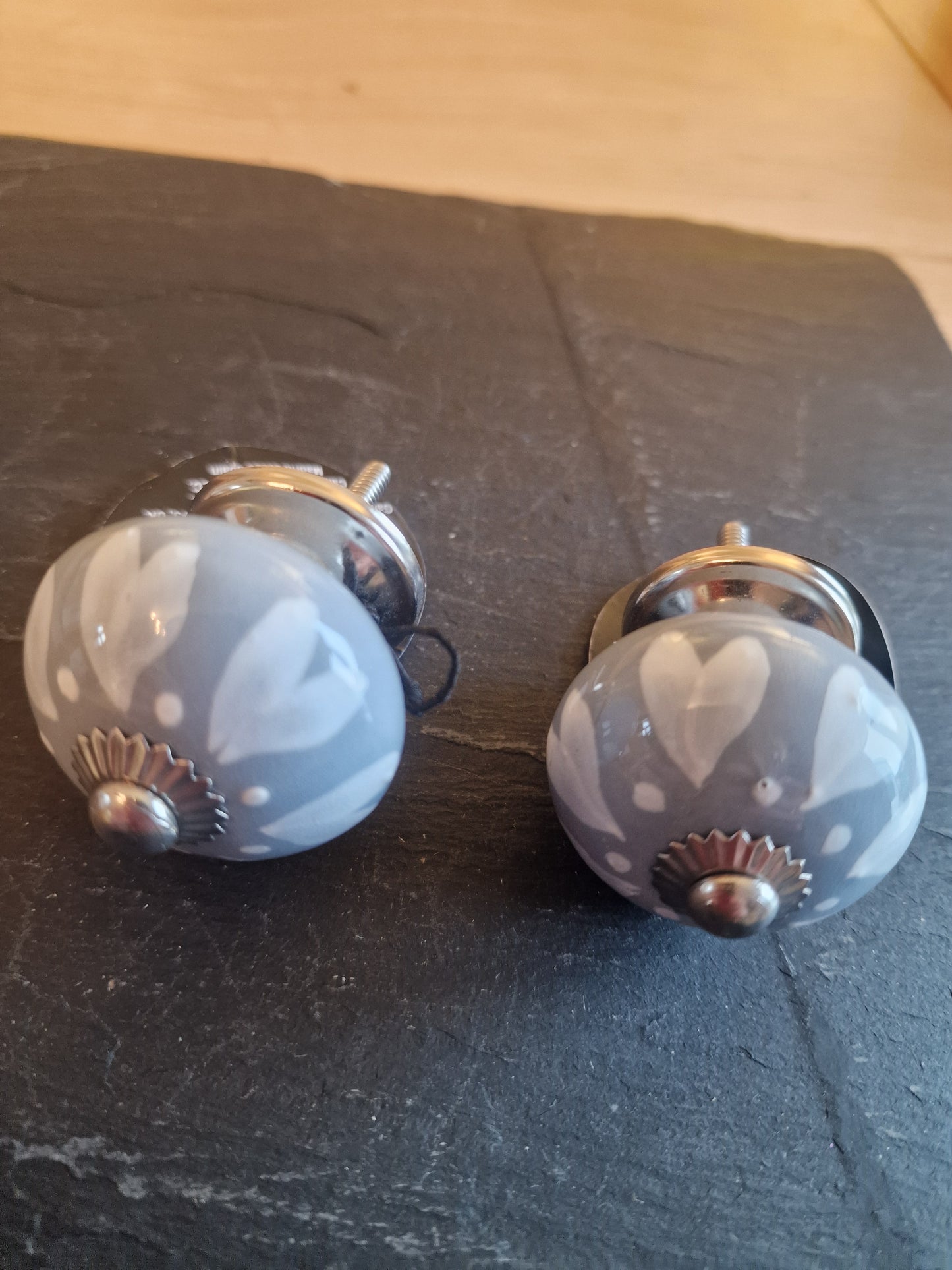 Ceramic Drawer Knobs | Grey-Blue with White Hearts & Silver Centre | Sold in Pairs