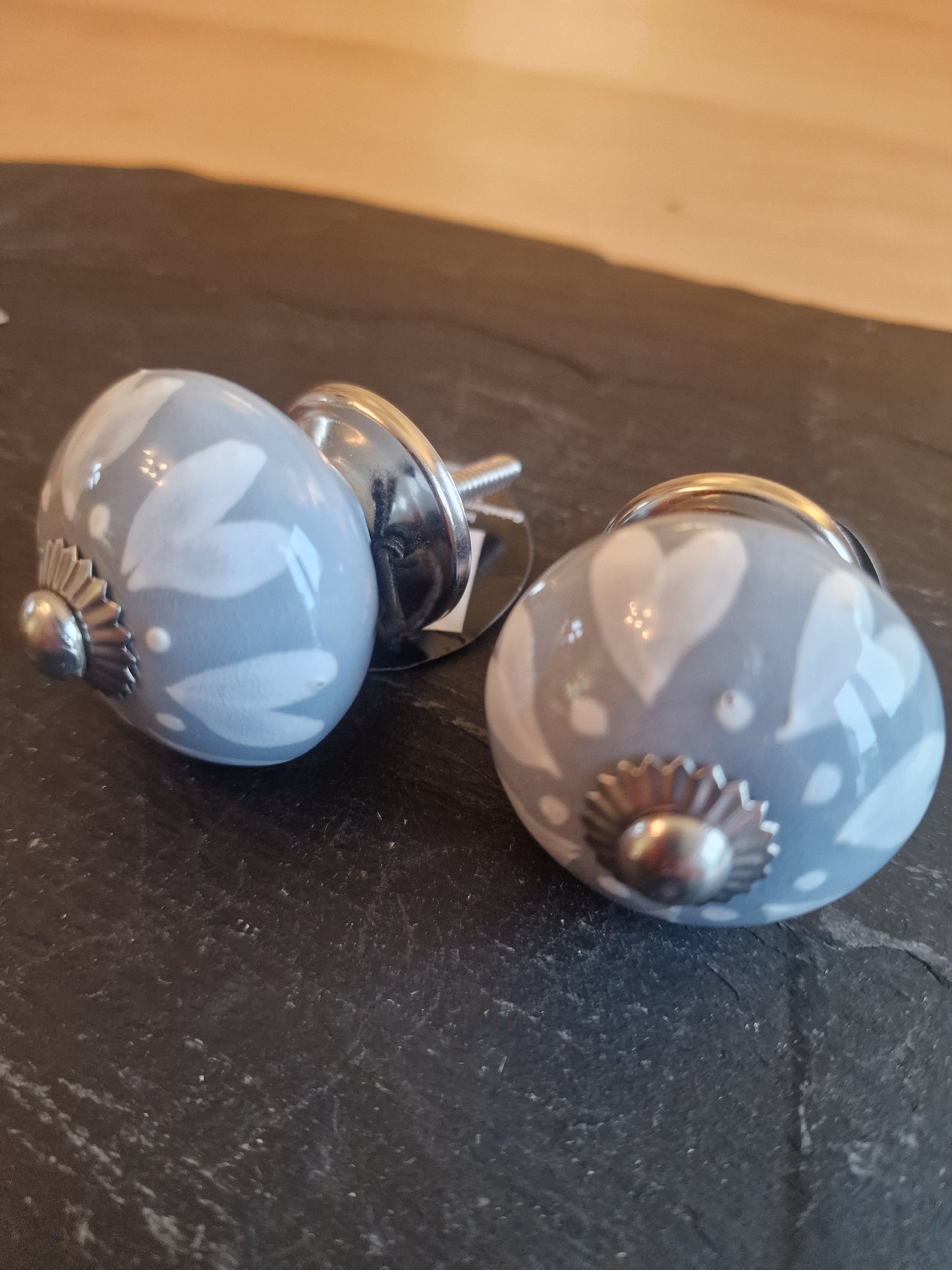 Ceramic Drawer Knobs | Grey-Blue with White Hearts & Silver Centre | Sold in Pairs