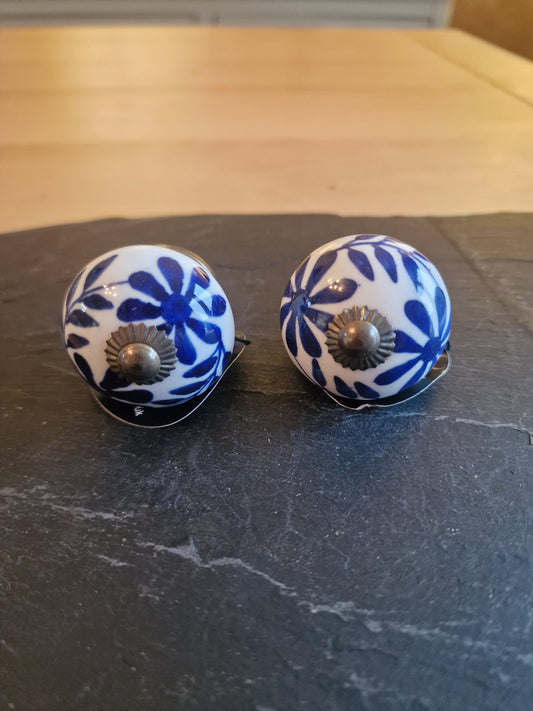 2x Blue Leaf Ceramic Knobs, 4cm x 7cm