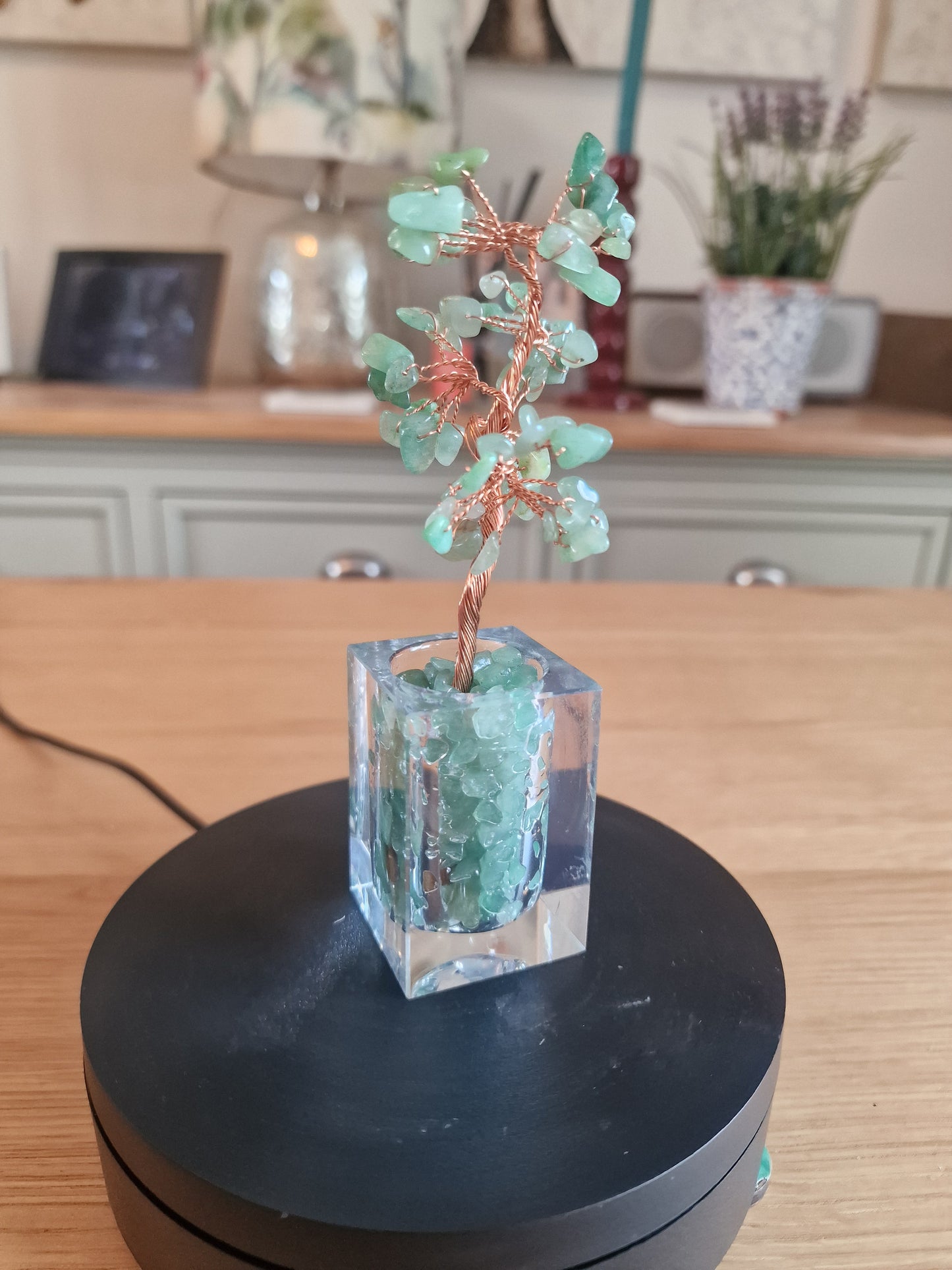 Crystal Mini Tree with Clear Vase H18cm: Green Aventurine