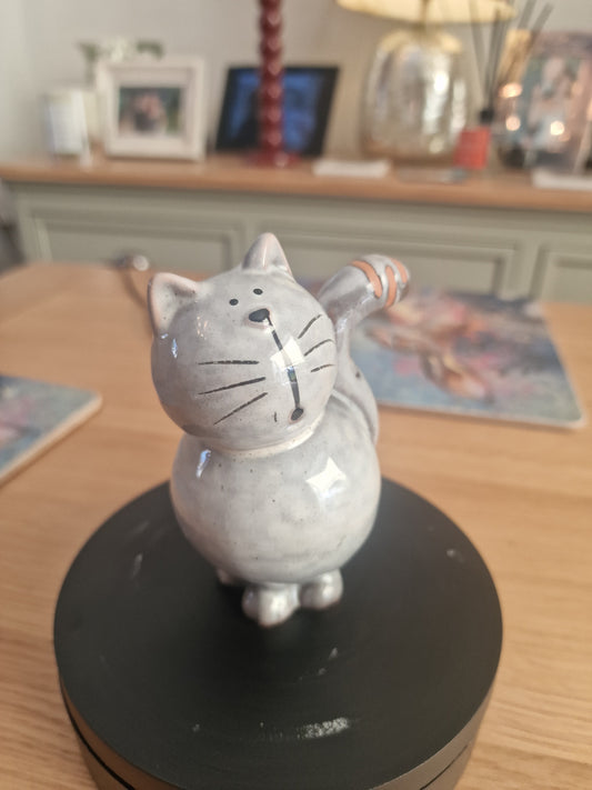 Glazed Grey Cat Ornament, 10.2cm
