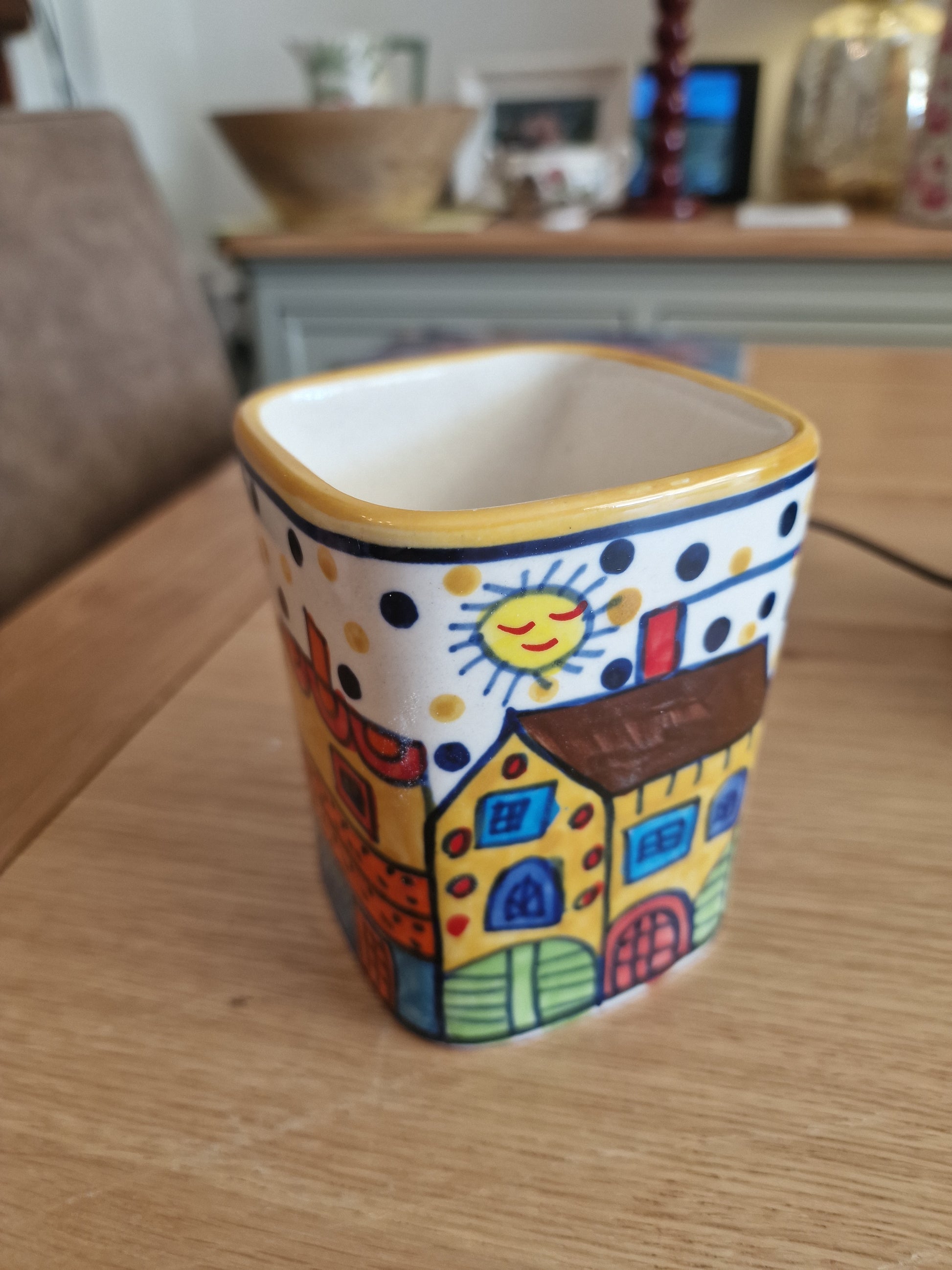 Pair of Colourful Whimsical Village Ceramic Pots H4.5" in hand-painted ceramic with colourful cottage scenes sun motif and polka dot border in Kitchen & Dining