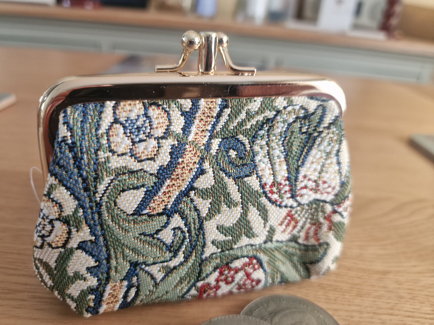 William Morris Golden Lily Design - Frame Purse in blue green and cream floral tapestry fabric with pink accents and a polished silver frame clasp for Fashion and New In