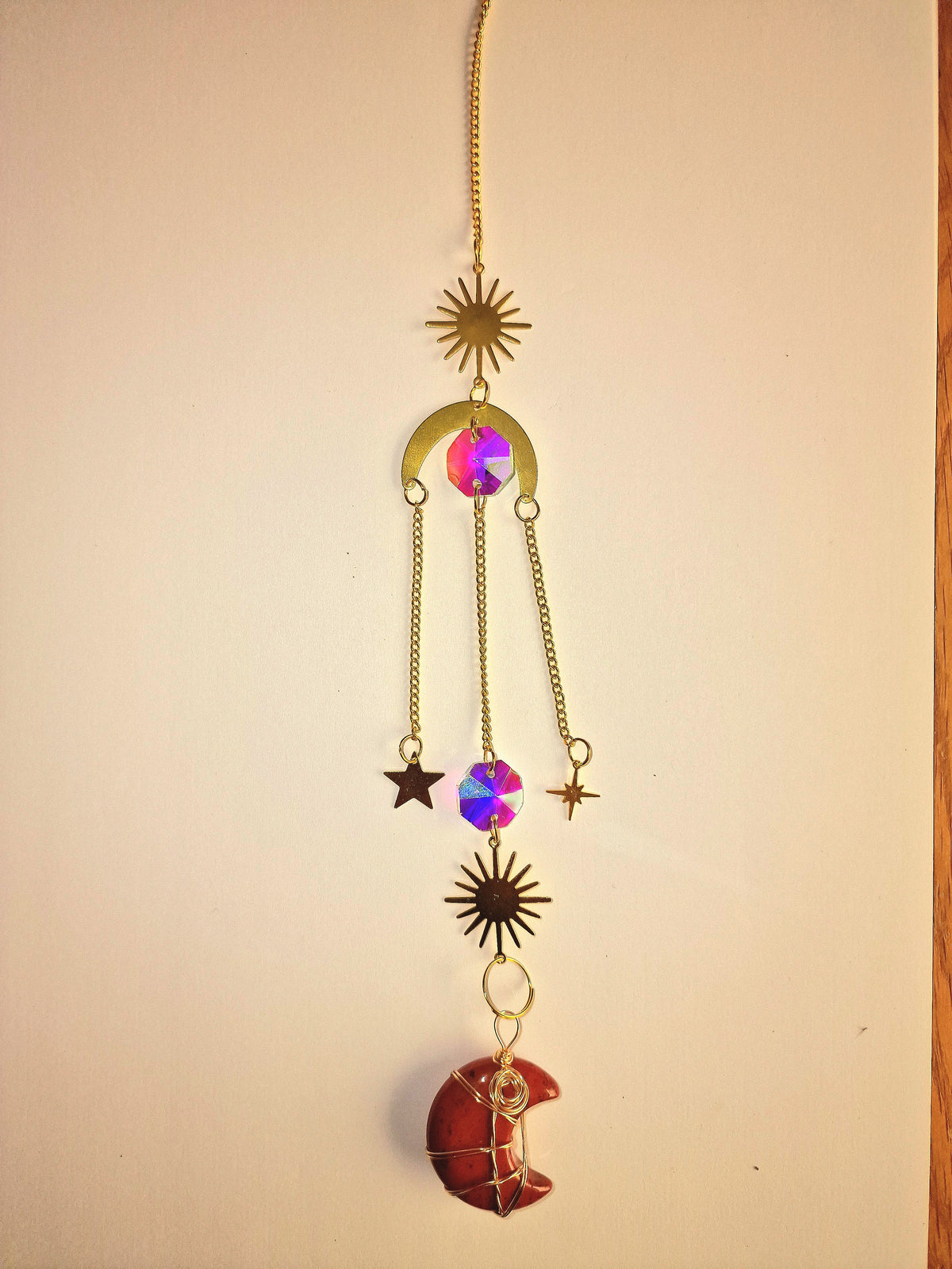 Crystal Moon Suncatcher | Celestial Gemstone Window Hanging with iridescent crystal beads and gold sun charms