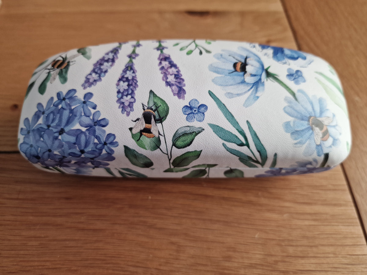 Meadow Flowers Sunglasses Case. 16cm - Choose your style, hard shell with blue flowers and bee illustration