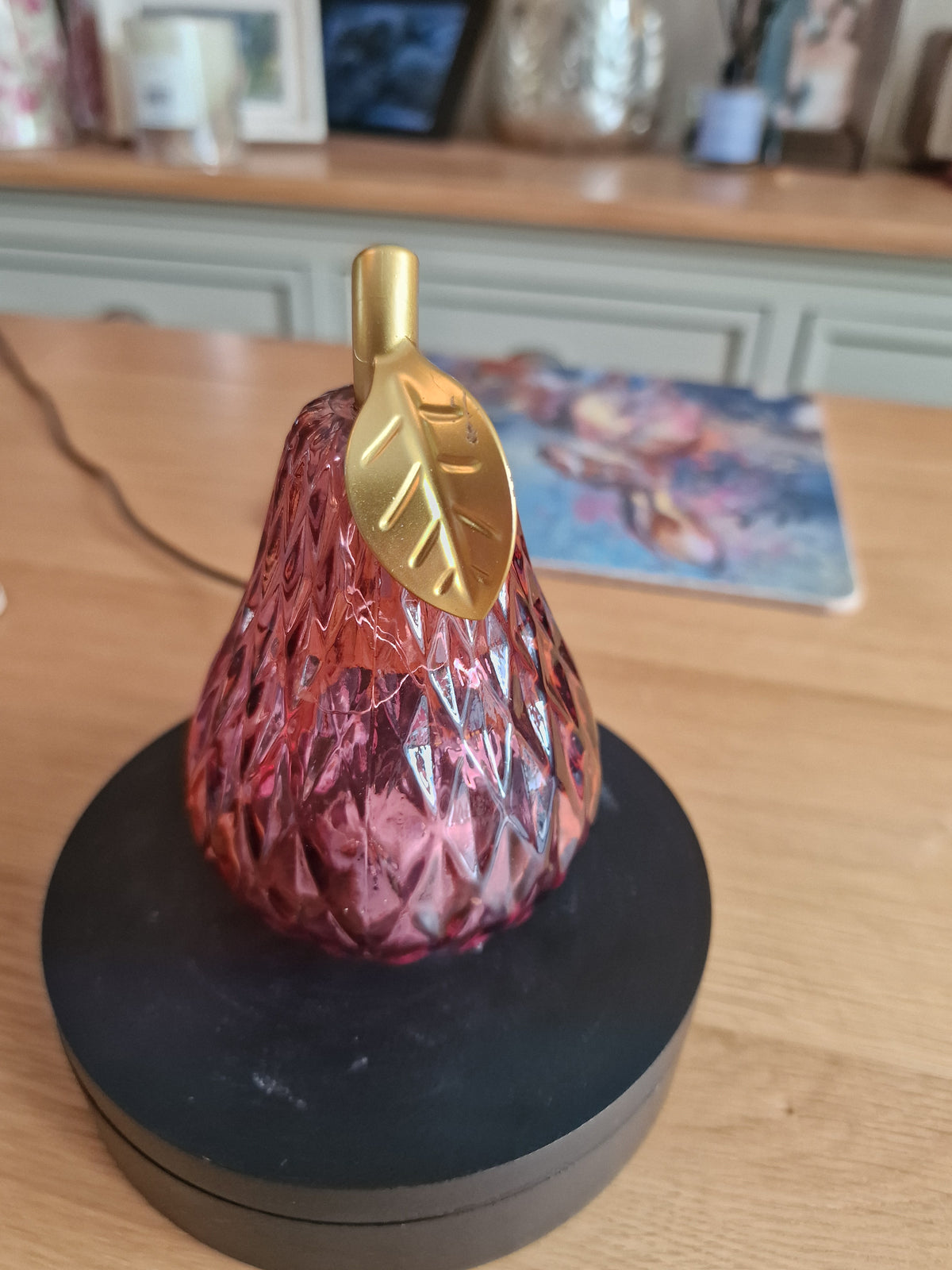 Red Glass Pear LED Light with Gold Stem & Leaf, faceted translucent red glass ornament