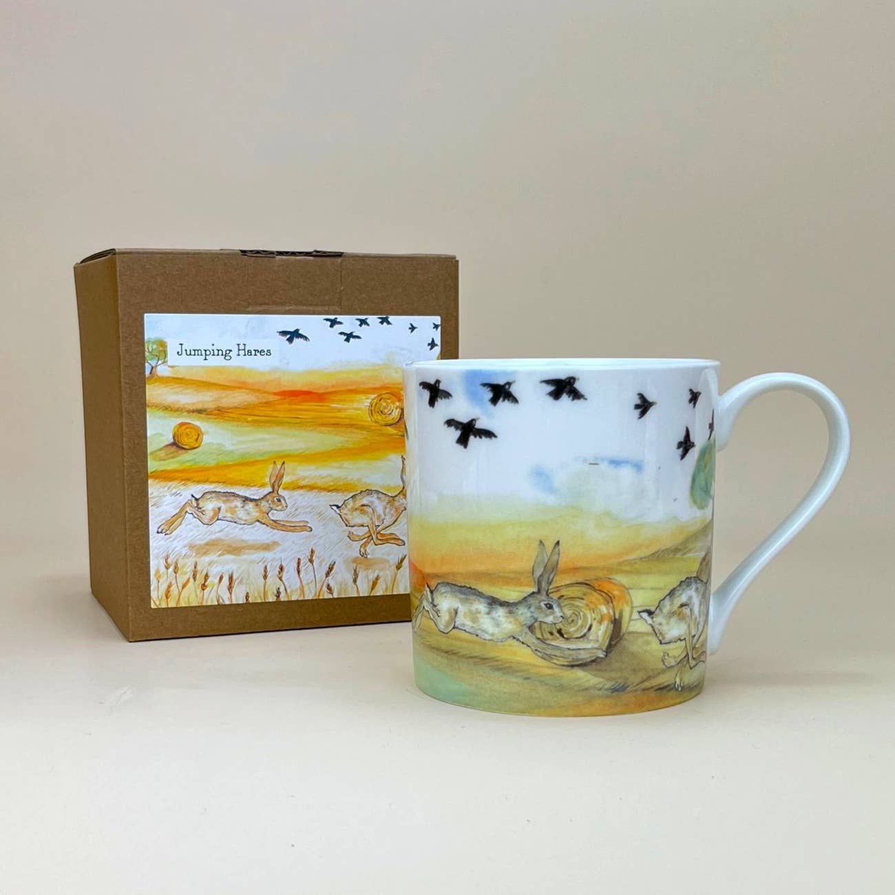 Jumping Hares Illustrated Bone China Mug with Gift Box
