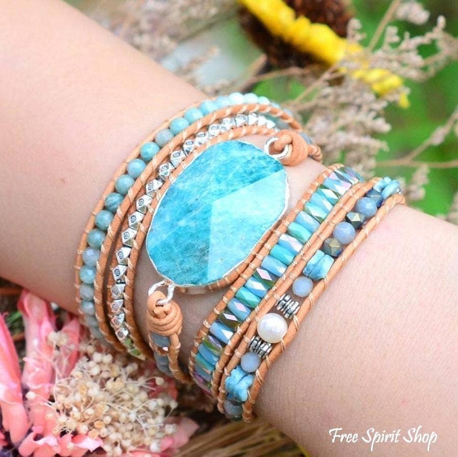 Natural Calming Amazonite Bead Wrap Bracelet, Boho Jewellery