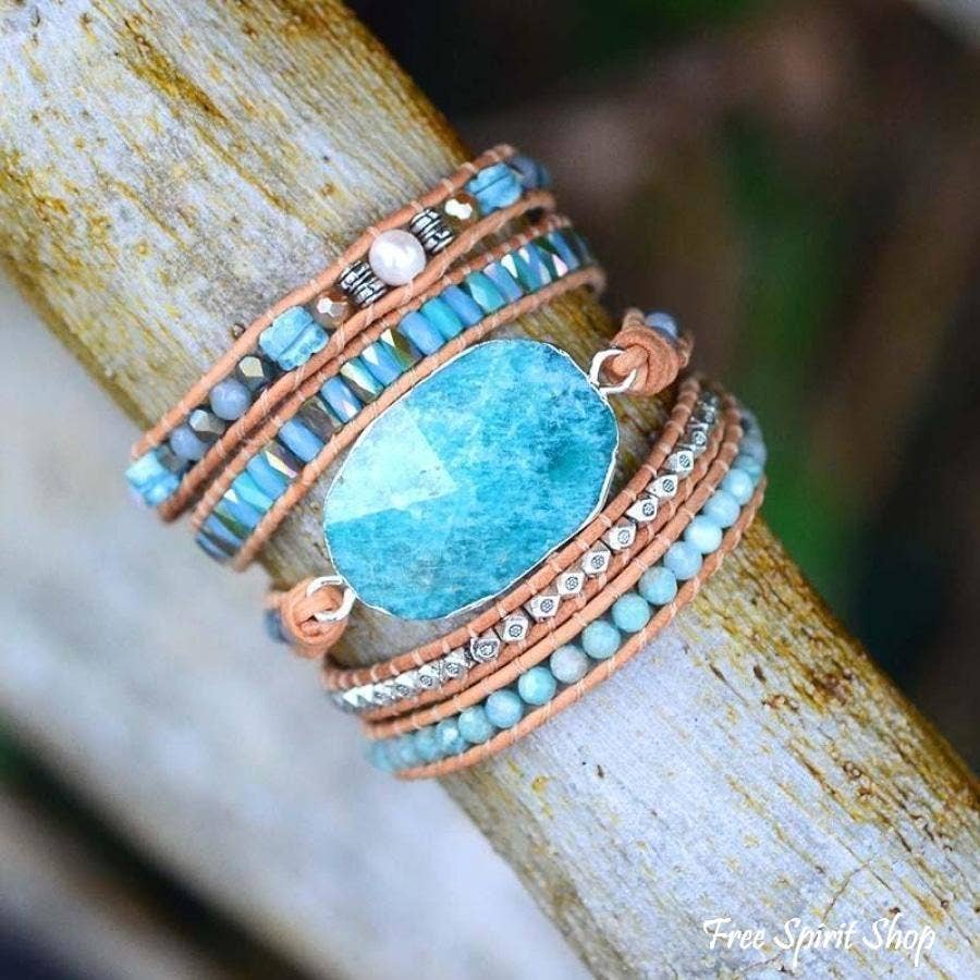 Natural Calming Amazonite Bead Wrap Bracelet, Boho Jewellery