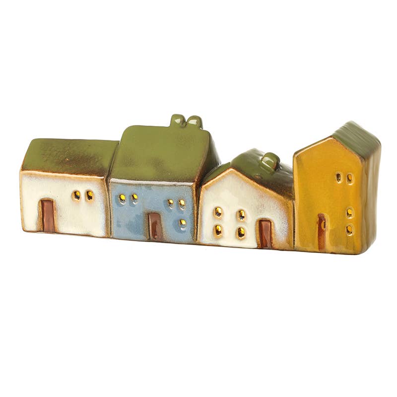 Row of Four LED Light-up Ceramic Cottages- Quirky and collectable H7cm